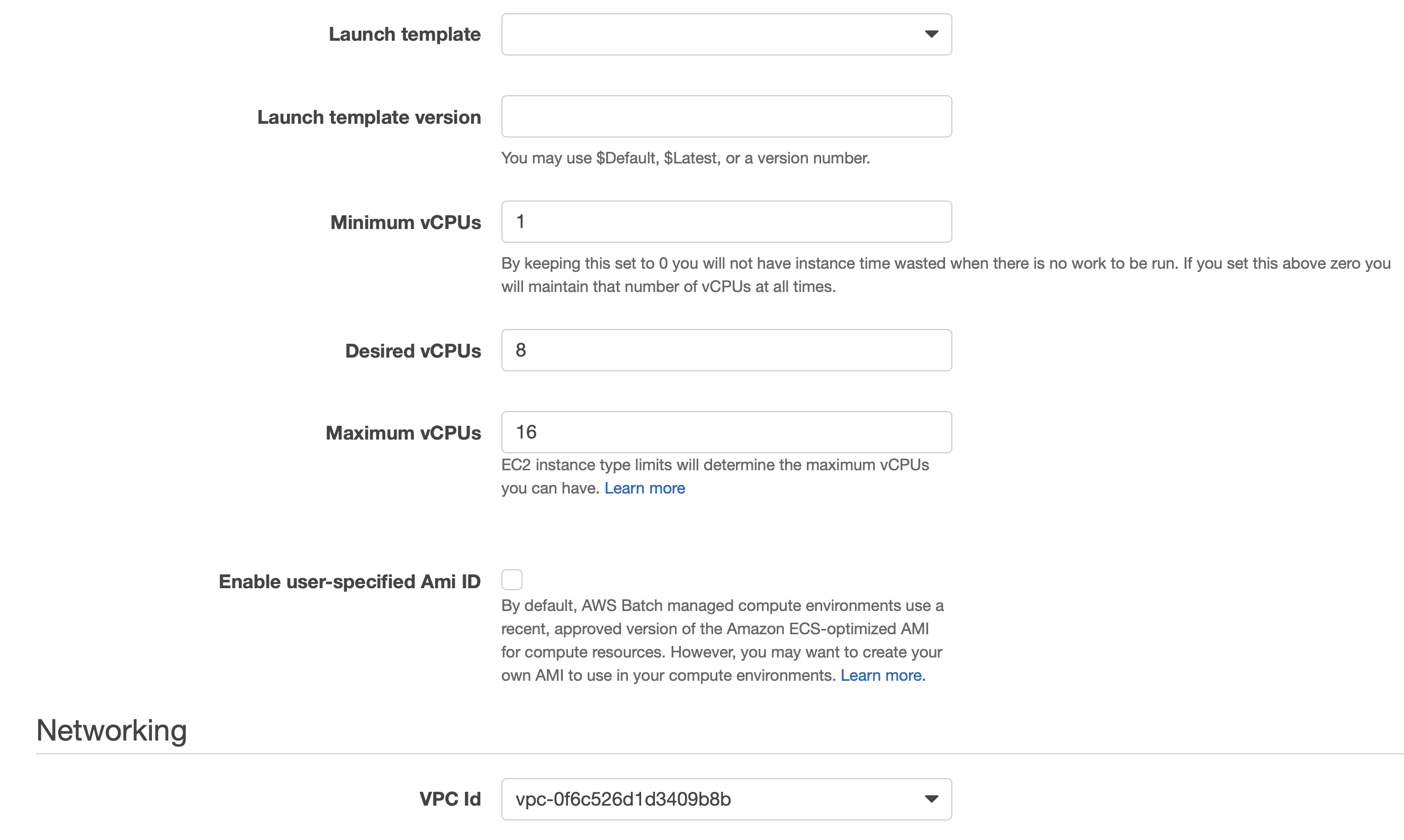Launch template, Launch template version, Minimum vCPUs, Desired vCPUs, Maximum vCPUs, Enable user-specified Ami ID, VPC Id