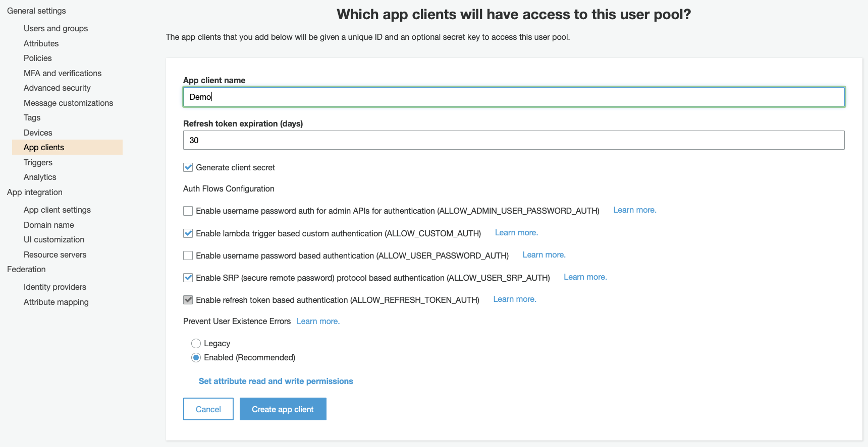 Image of the Cognito Console showing the “Which app clients will have access to this user pool?” settings.