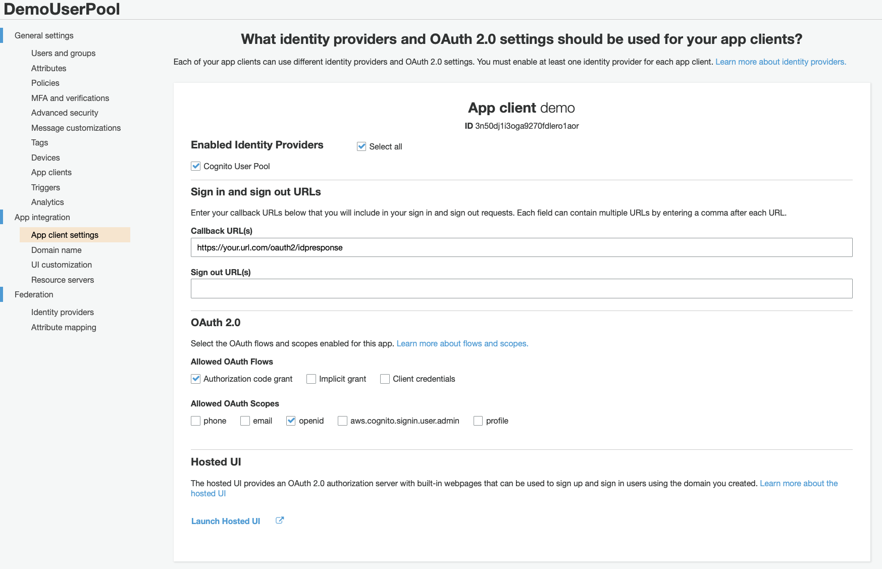 Identity providers and OAuth 2.0 settings for your app clients