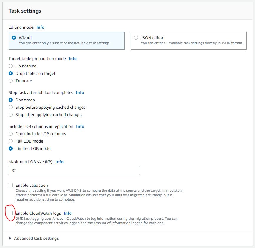 Task configuration Settings