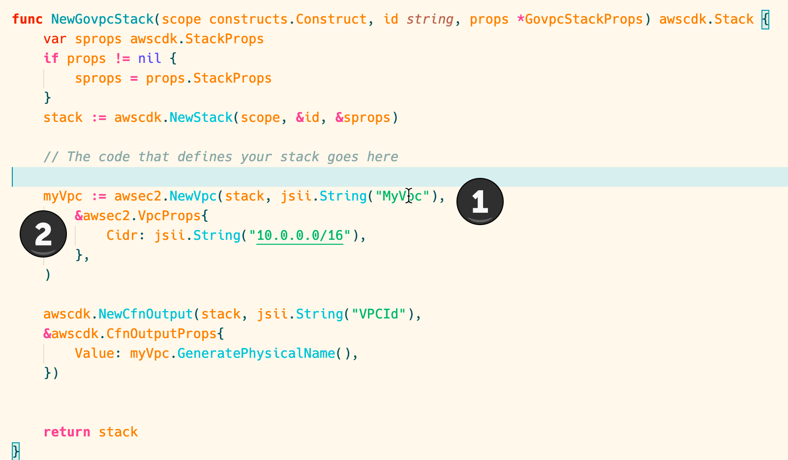Defining a VPC with a CIDR block of 10.0.0.0/16.