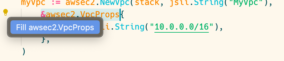 An image of code demonstrating the creation of a new VPC (Virtual Private Cloud) using the AWS CDK (Cloud Development Kit).