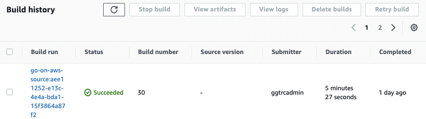 Build history showing the status and details of a CodeBuild project.