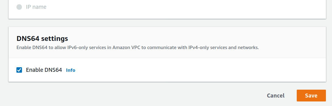 Activate DNS64 on subnet settings