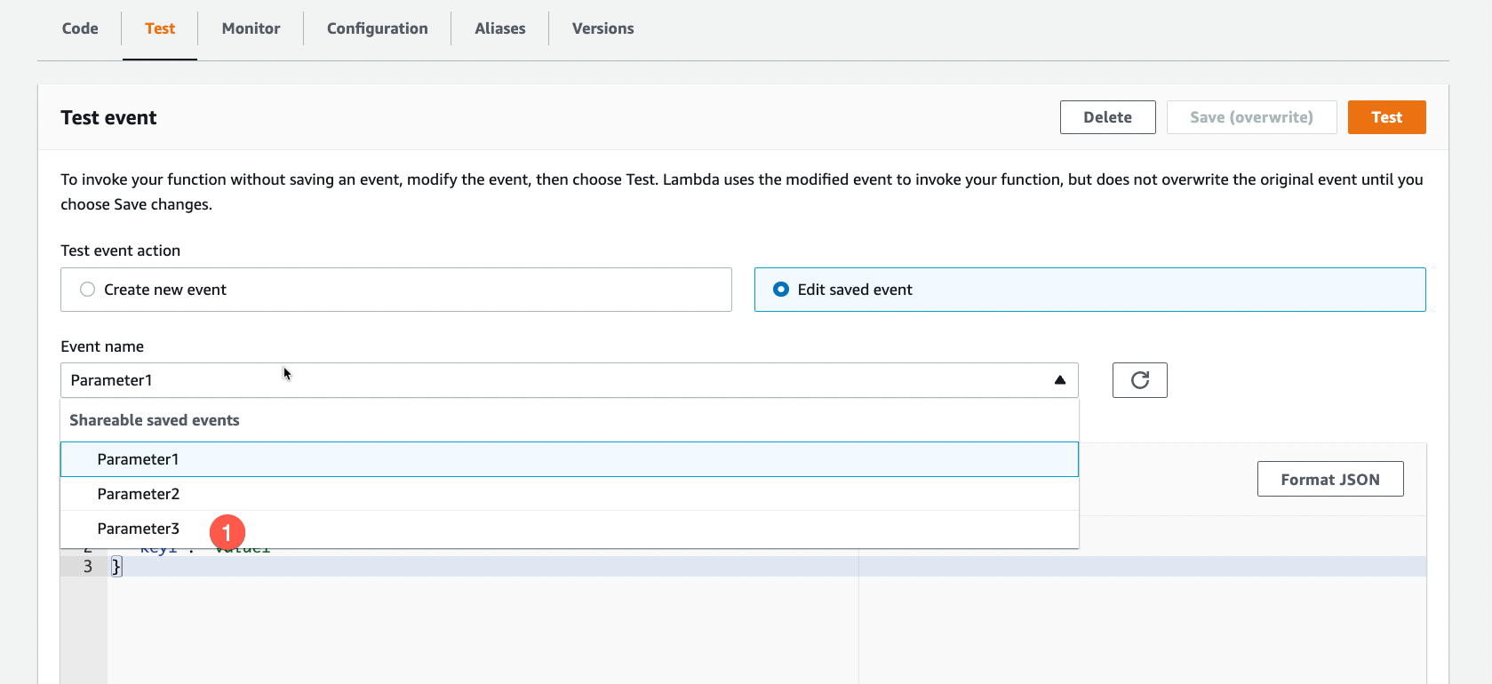 Lambda function test event image