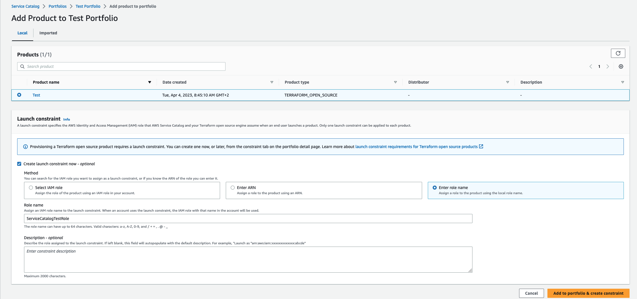 Create Service Catalog Product to Portfolio