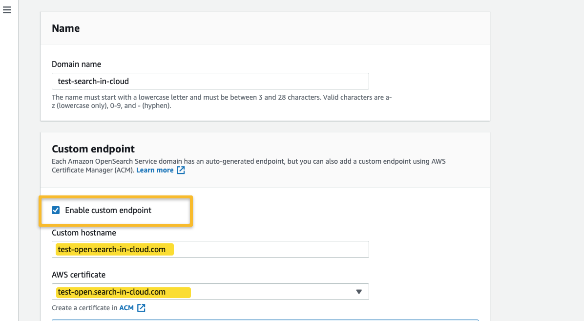 AWS Console. Enabling the custom endpoint for the Amazon OpenSearch Service cluster.