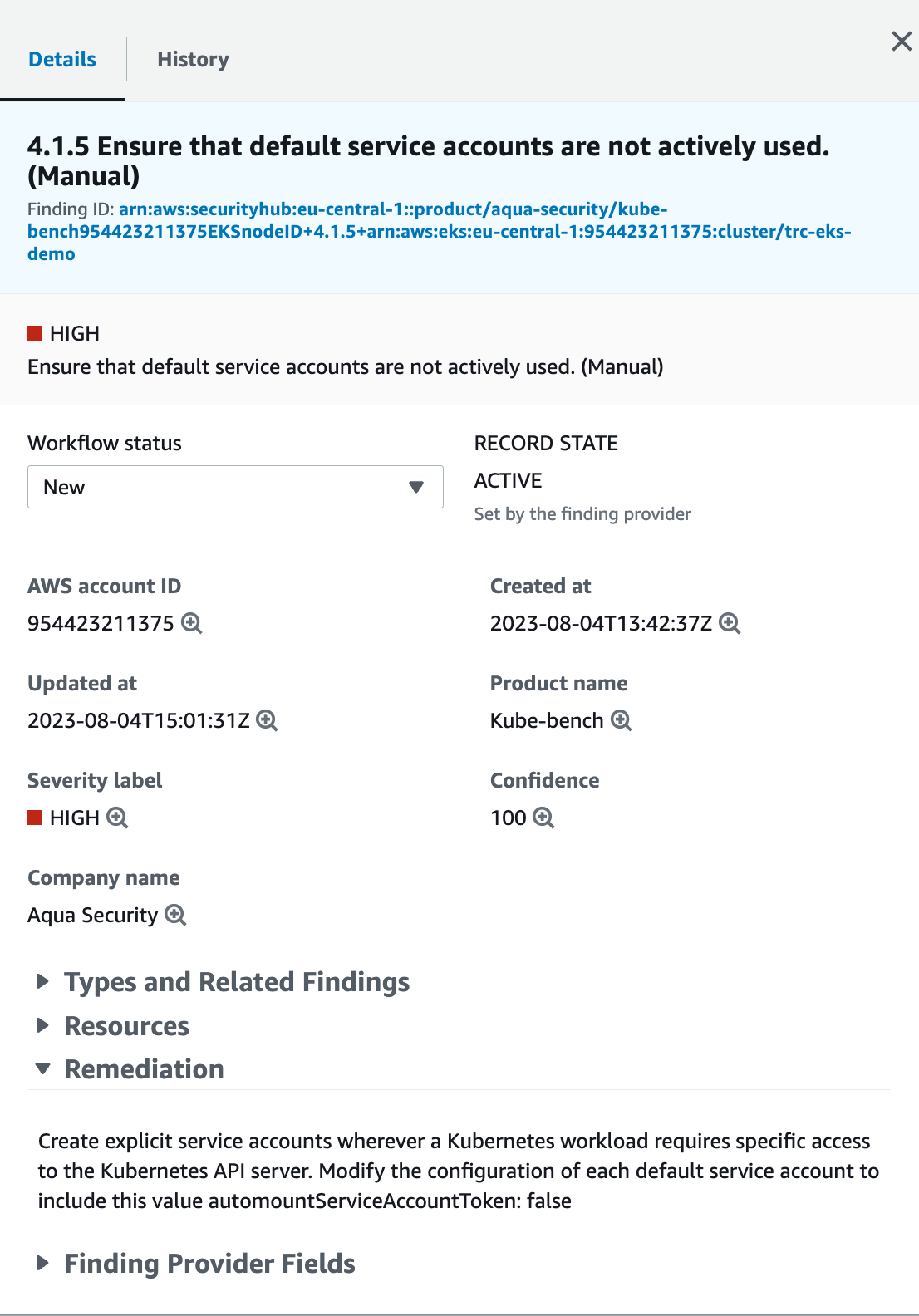 kube-bench finding details in AWS Security Hub