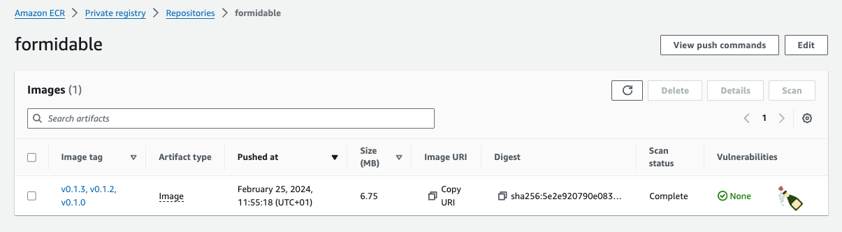 An image showing details about a Docker image named “formidable” in an Amazon ECR (Elastic Container Registry) repository.