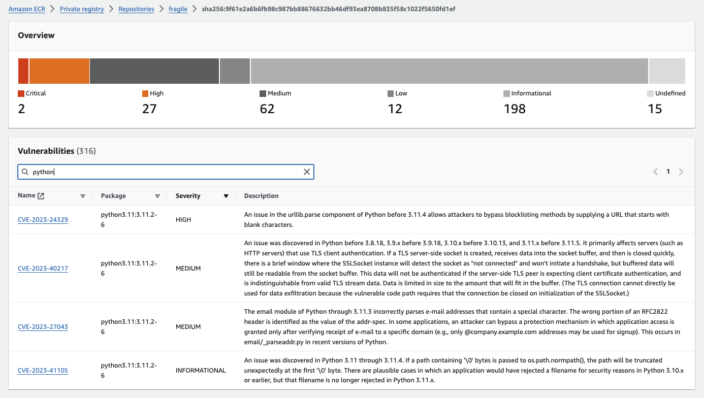 Image of Amazon ECR with details on vulnerabilities found in the “fragile” Python 3.11 Docker image.
