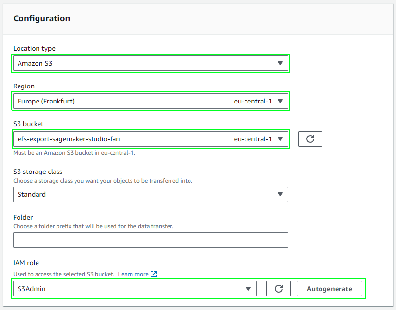 AWS DataSync Create task: create task destination configuration