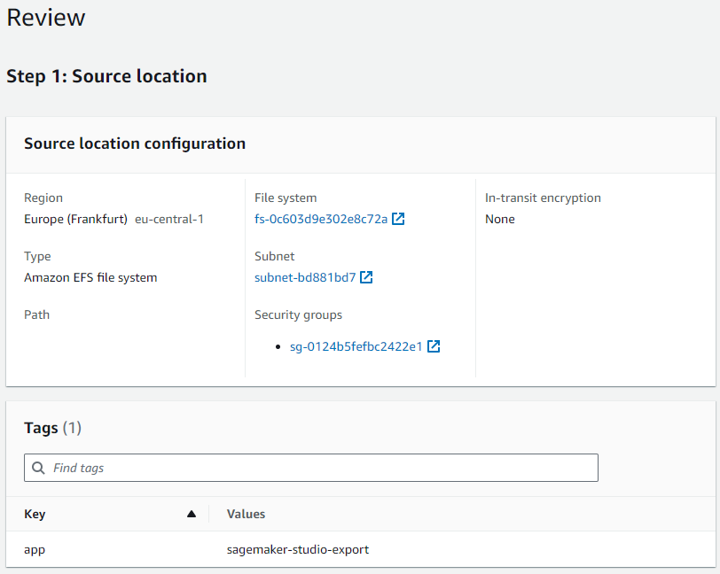 AWS DataSync Create task: review source location