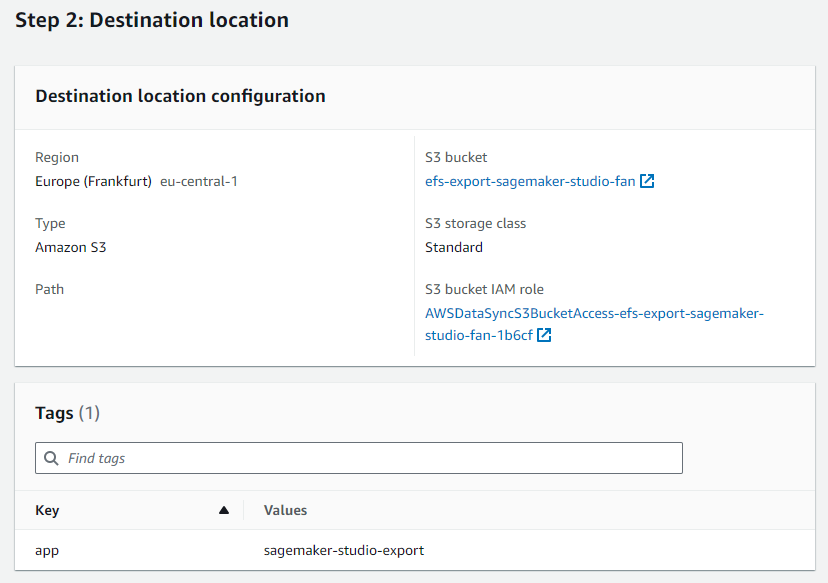 AWS DataSync Create task: review destination location