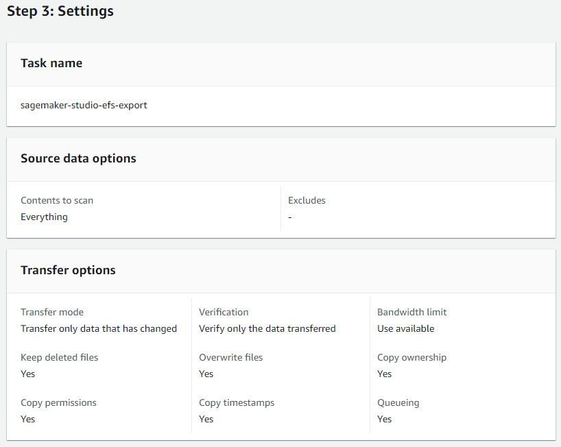 AWS DataSync Create task: review settings