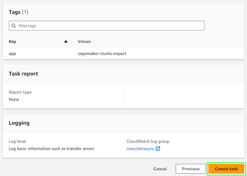 AWS DataSync Create task: review tags, task report, logging