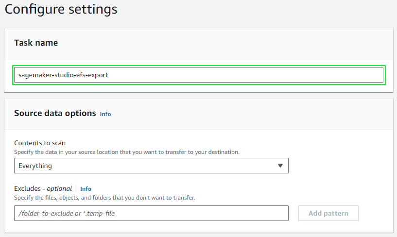 AWS DataSync Create task: settings name and source options