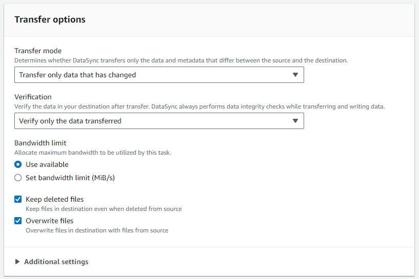AWS DataSync Create task: settings transfer options
