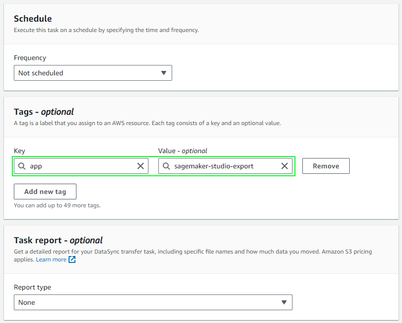 AWS DataSync Create task: settings schedule, tags, report