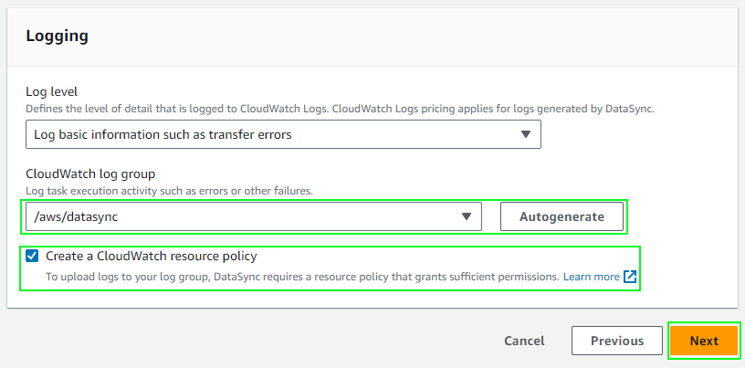 AWS DataSync Create task: settings logging