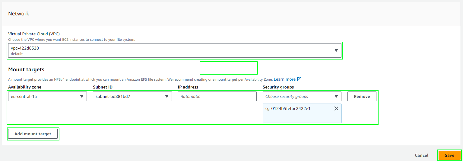 EFS file system network information - mount target