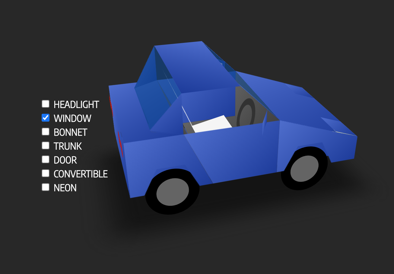 A blue, geometric illustration of a car with various car components labeled, such as headlight, window, bonnet, trunk, door, convertible, and neon.